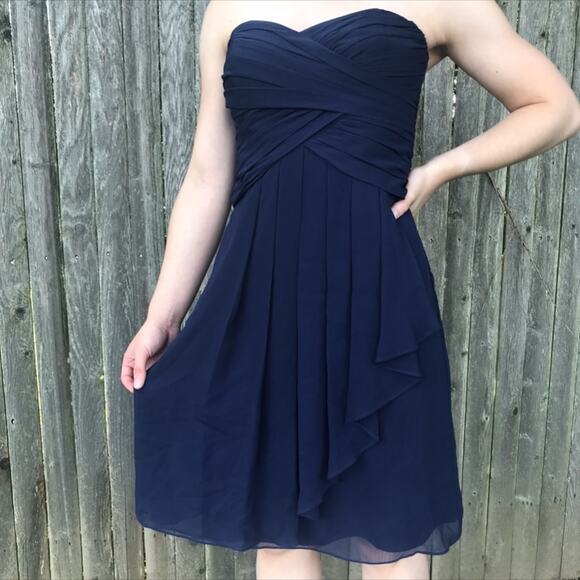 David's Bridal Short Crinkle Chiffon Dress Front Cascade Navy Strapless Mini - Picture 2 of 13